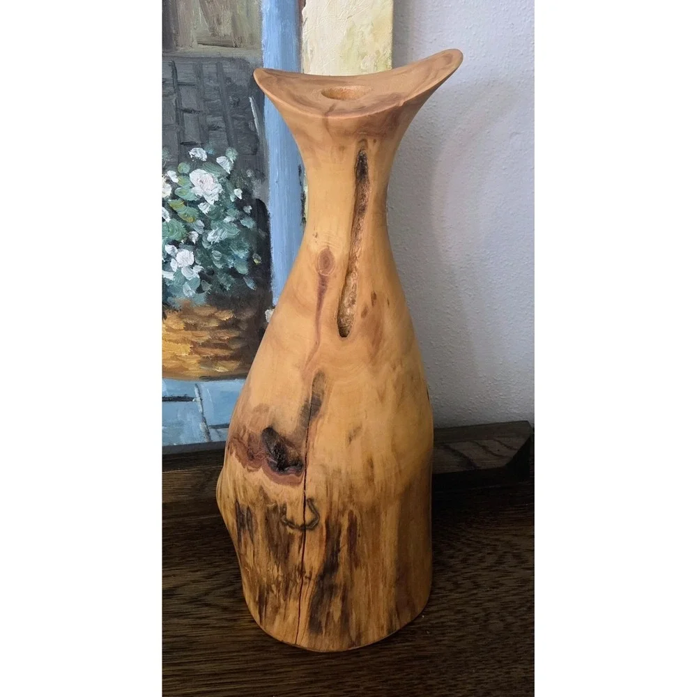 Turned Wooden Vase Rustic Knotty Asymmetrical Flared Rim Solid Piece of Wood 15